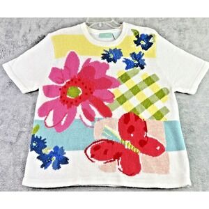 220 Hickory Sweater Womens M White‎ Floral Embroidered Short Sleeve Top Cottage